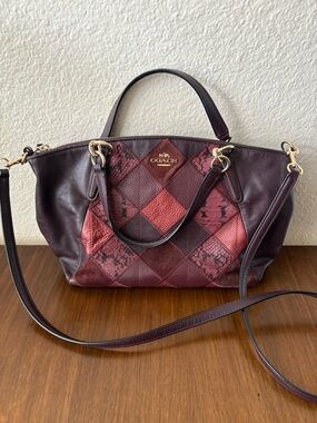 Coach Kelsey Metallic Patchwork Leather Satchel Handbag F56848 Purse Burgundy